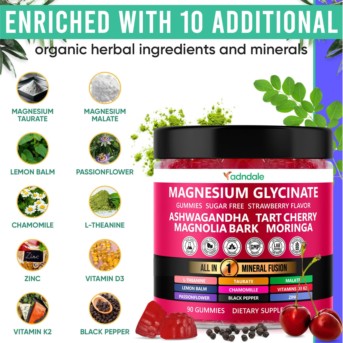 Gummies de magnésium glycinate Adndale 400 mg avec ingrédients