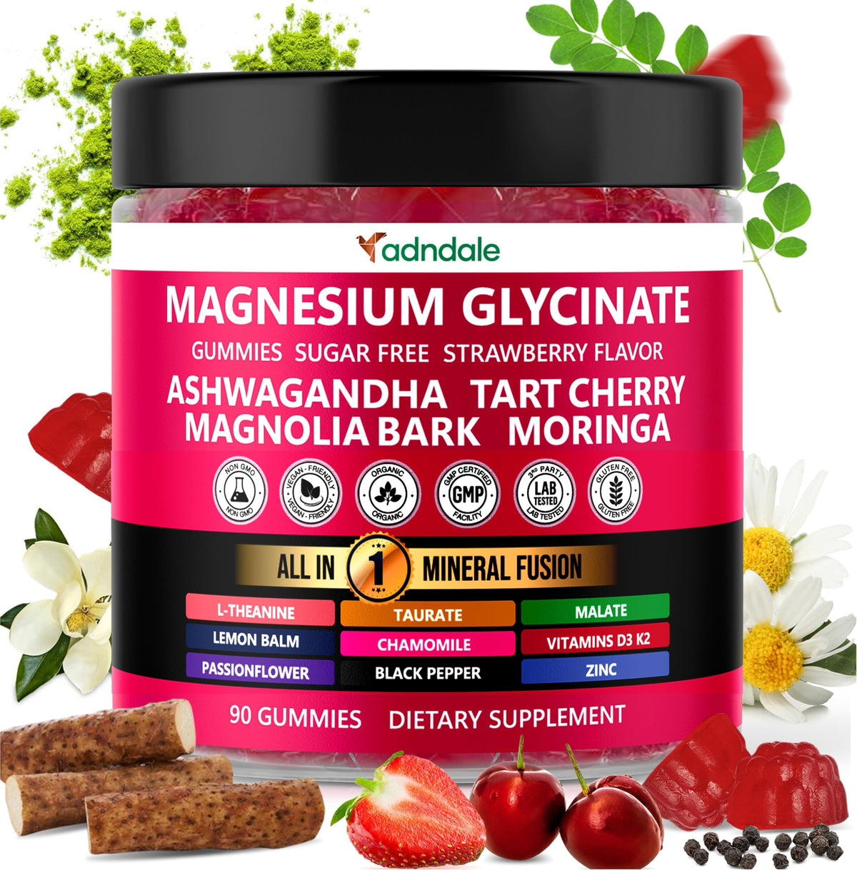 Gummies de magnésium glycinate Adndale 400 mg pot avant