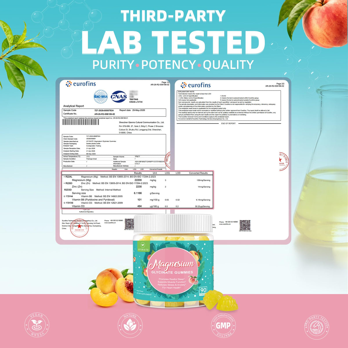Gummies de magnésium glycinate AFXMATE avec fruits en arrière-plan