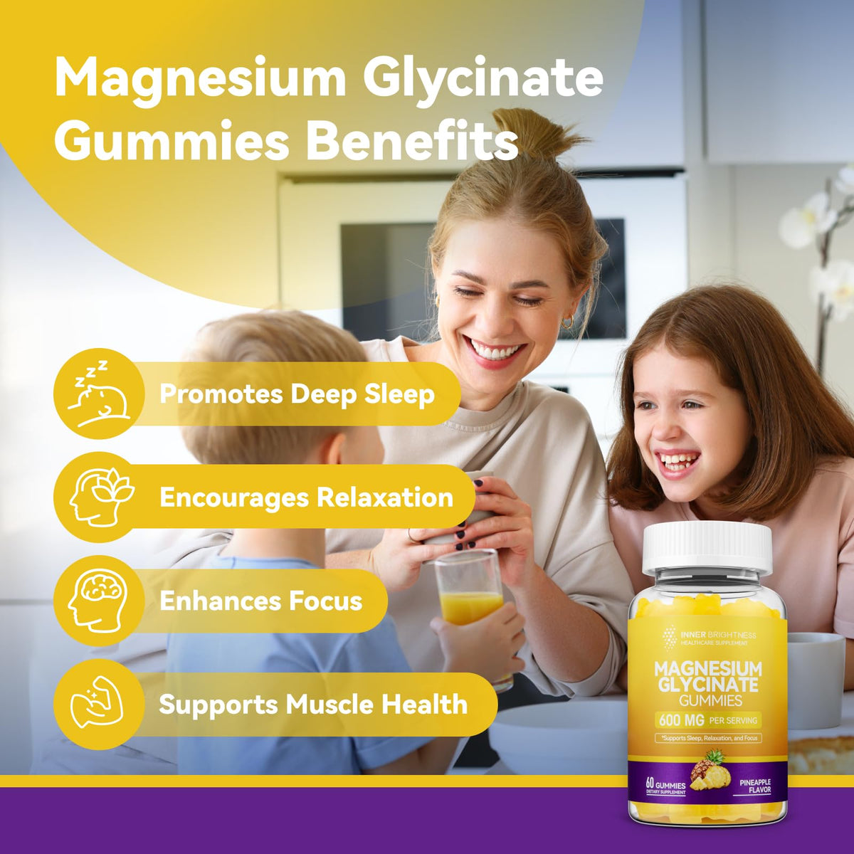 Gummies de magnésium glycinate avec un verre d'eau à côté