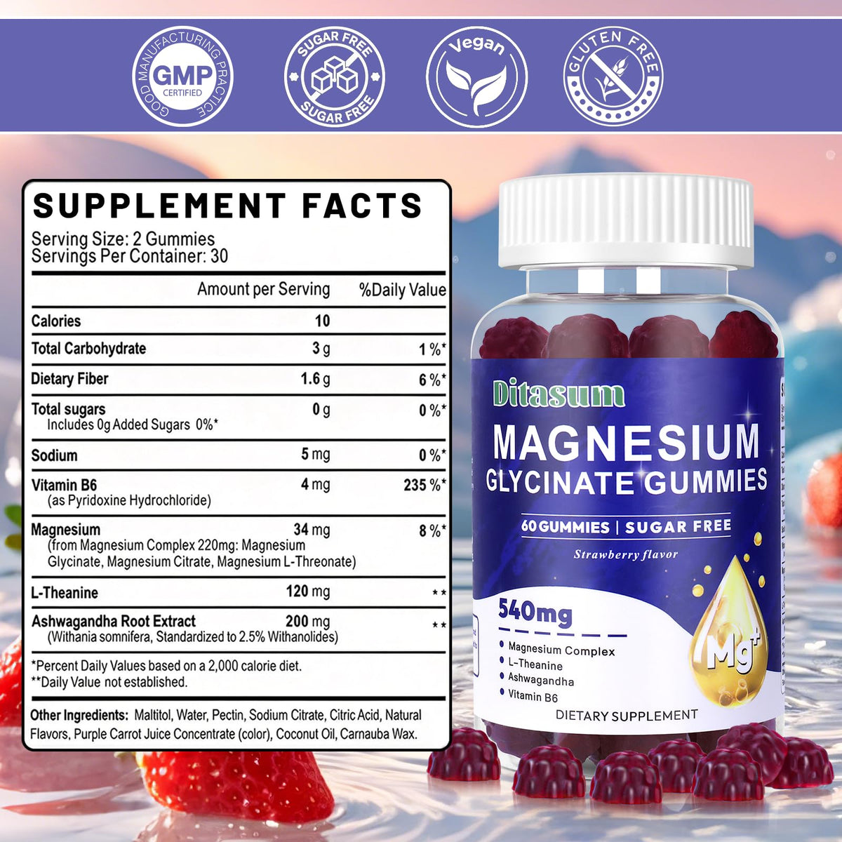 Gummies de magnésium glycinate Ditasum en vue de près, saveur fraise