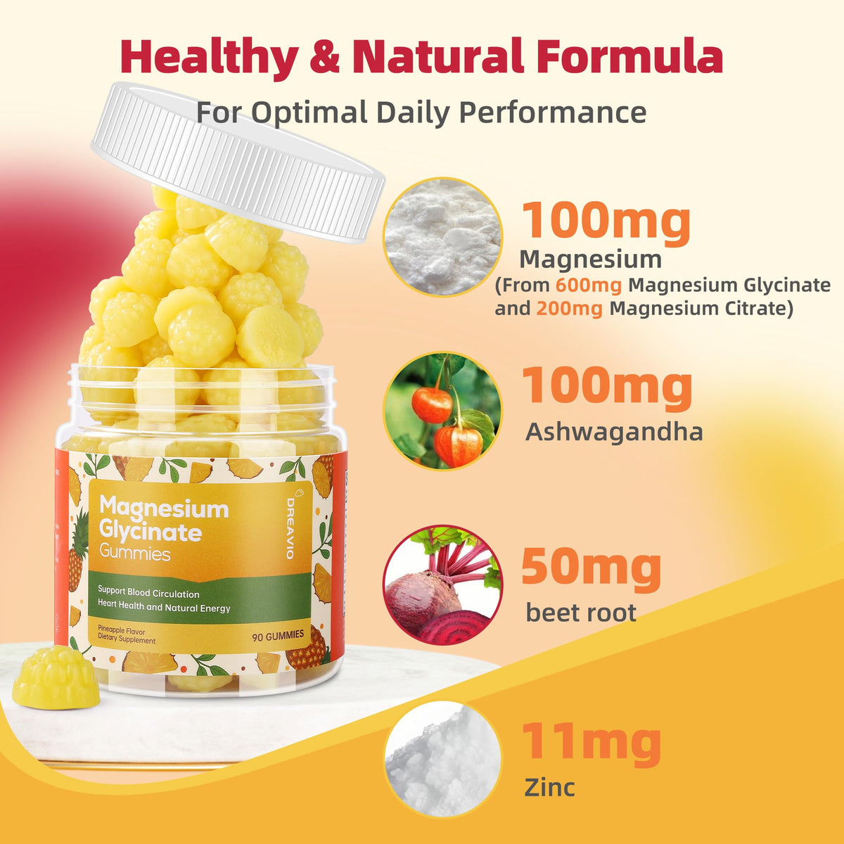 Gummies de magnésium glycinate DREAVIO, présentation en gros plan