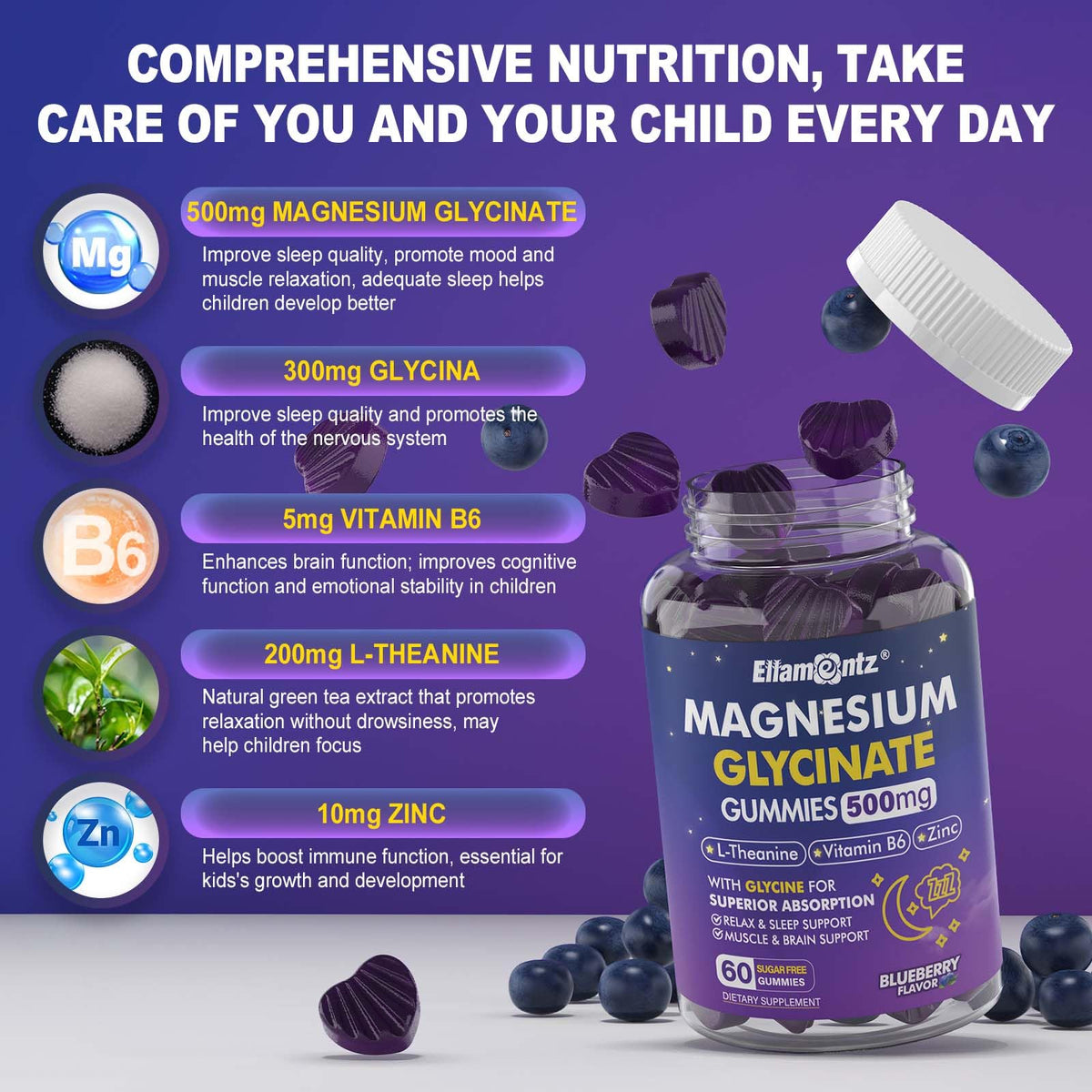Gummies de magnésium glycinate ELLAMENTZ 500mg 120Ct avec ingrédients