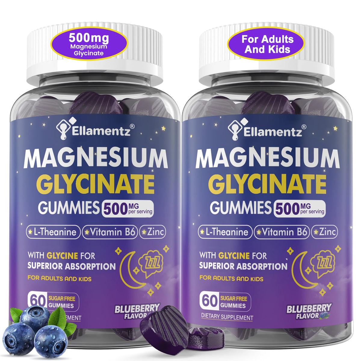 Gummies de magnésium glycinate ELLAMENTZ 500mg 120Ct vue de face
