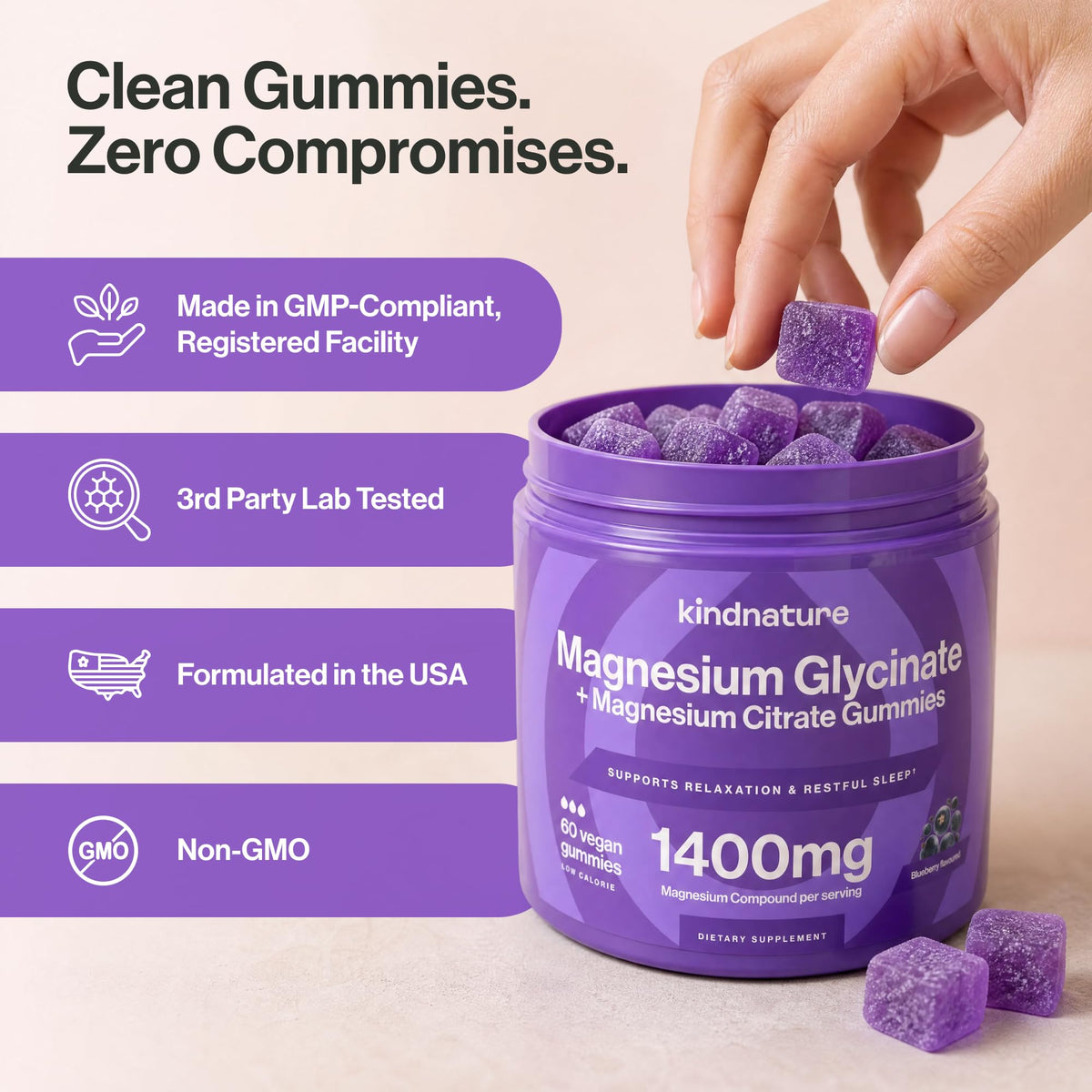 Gummies de magnésium glycinate et citrate kindnature sur un fond blanc