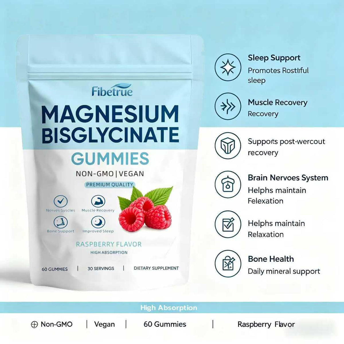Gummies de Magnésium Glycinate Fibetrue 400mg avec une vue d'ensemble de la bouteille