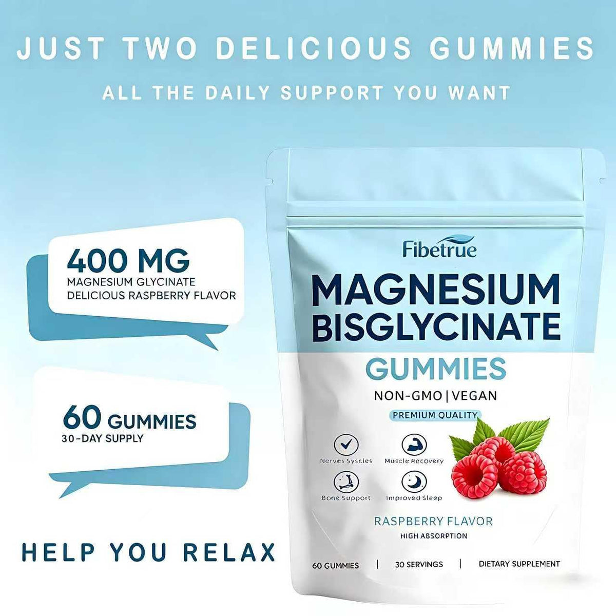 Gummies de Magnésium Glycinate Fibetrue 400mg sur une table en bois