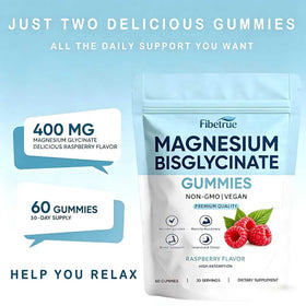 Gummies de Magnésium Glycinate Fibetrue 400mg sur une table en bois