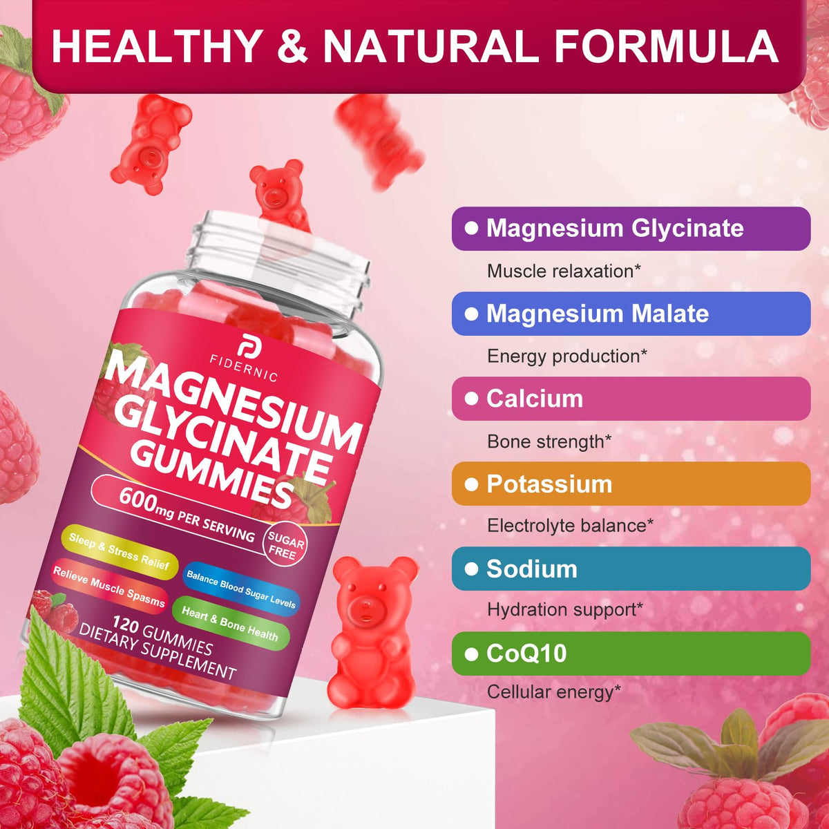 Gummies de magnésium glycinate FIDERNIC montrant la texture et le goût fruité