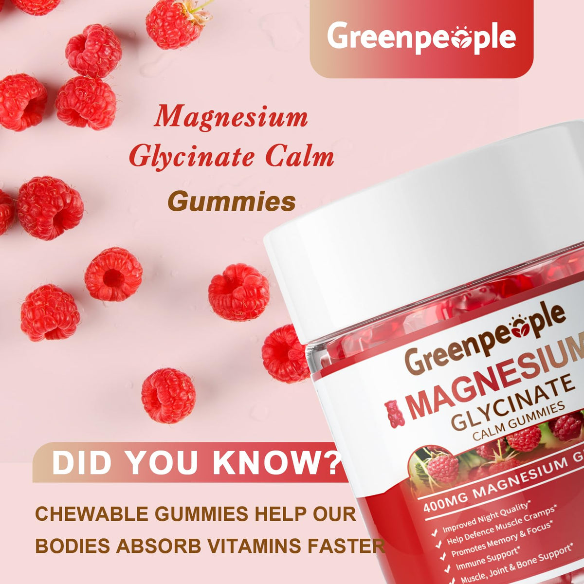 Gummies de magnésium glycinate GREENPEOPLE avec un fond de fruits