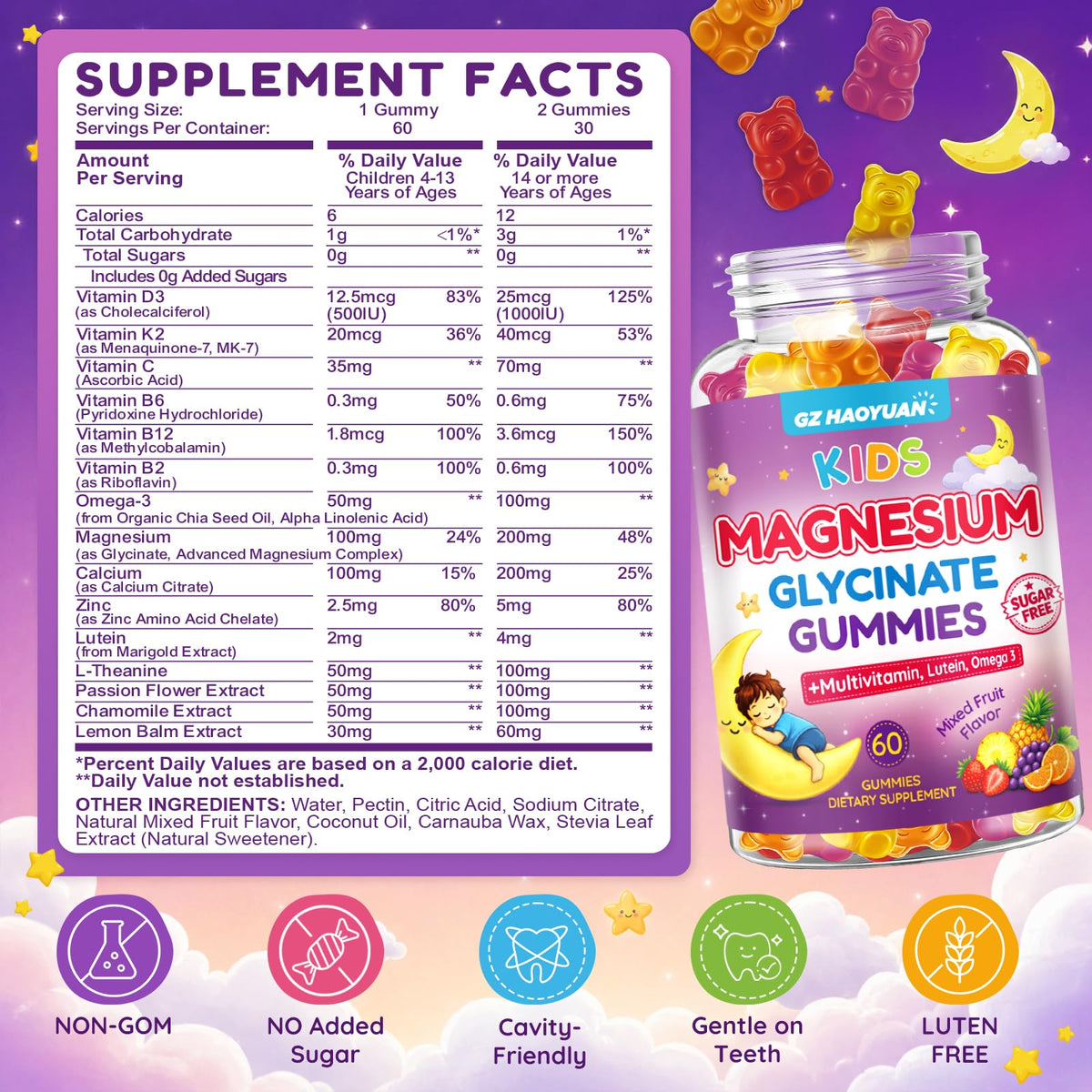 Gummies de magnésium glycinate GZ HAOYUAN avec saveurs de fruits mélangés