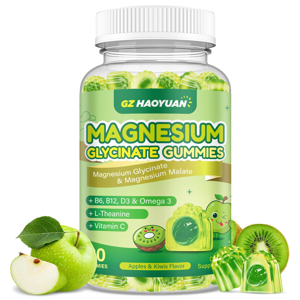 Gummies de magnésium glycinate GZ HAOYUAN, saveur kiwi et pomme verte, vue de face