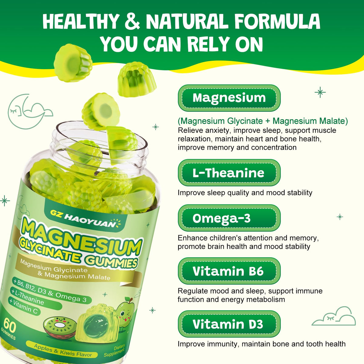 Gummies de magnésium glycinate GZ HAOYUAN sur une table avec des fruits