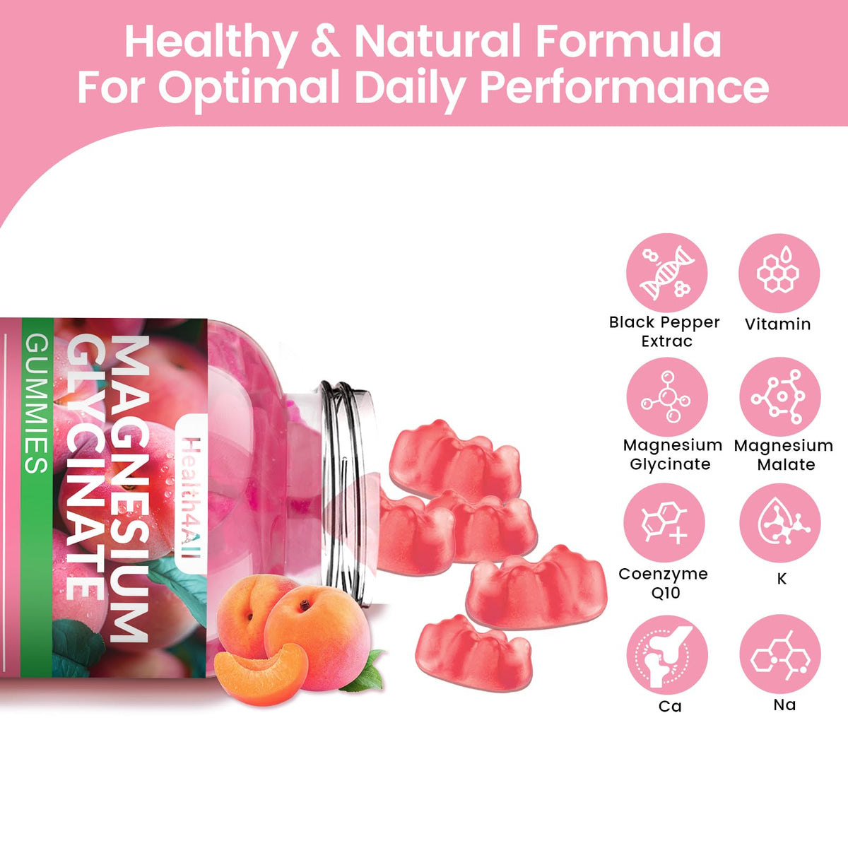 Gummies de magnésium glycinate Health4All, goût pêche, emballage