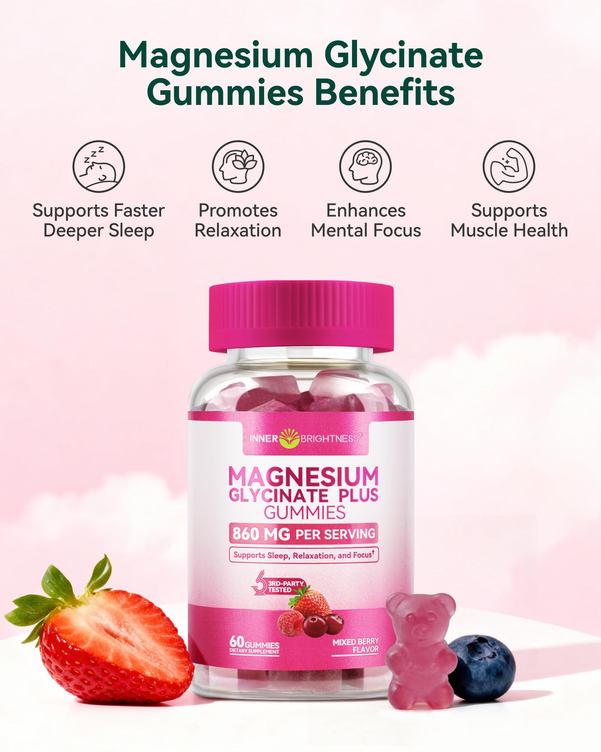 Gummies de magnésium glycinate Inner Brightness pot ouvert avec gummies à l'intérieur