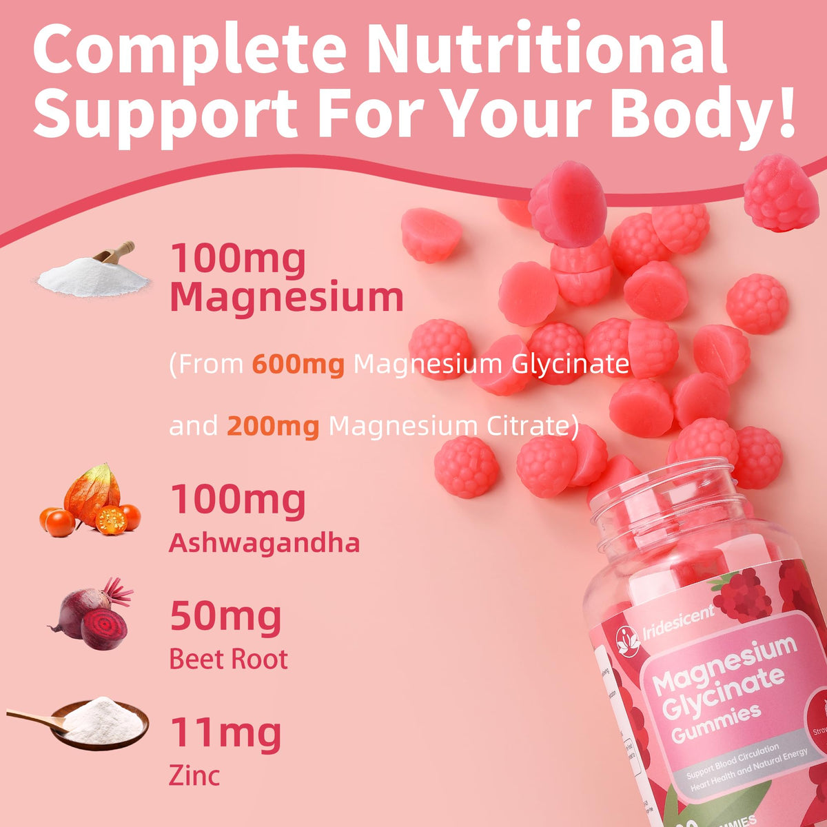 Gummies de magnésium glycinate IRIDESICENT 600mg, affichant le goût de fraise