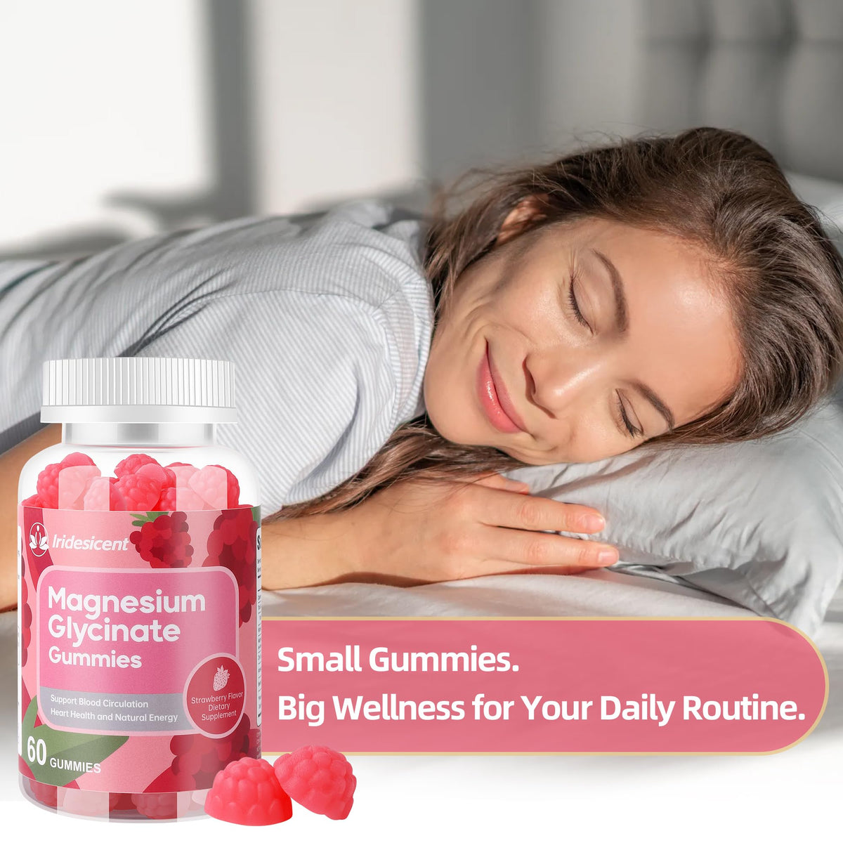 Gummies de magnésium glycinate IRIDESICENT avec des ingrédients naturels en arrière-plan