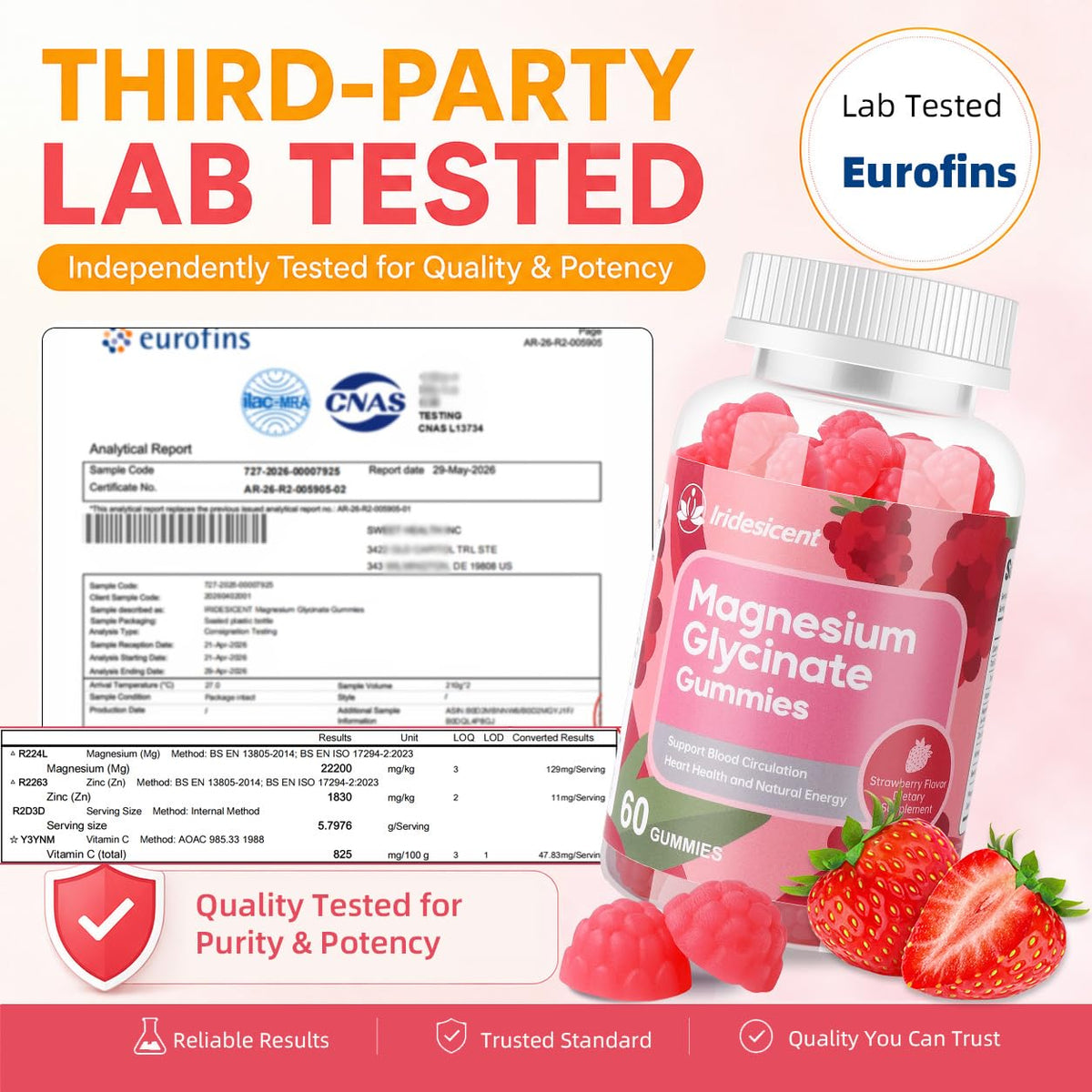 Gummies de magnésium glycinate IRIDESICENT, mise en scène avec des fruits frais