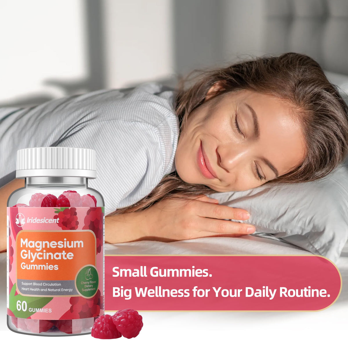 Gummies de magnésium glycinate IRIDESICENT sur une table en bois
