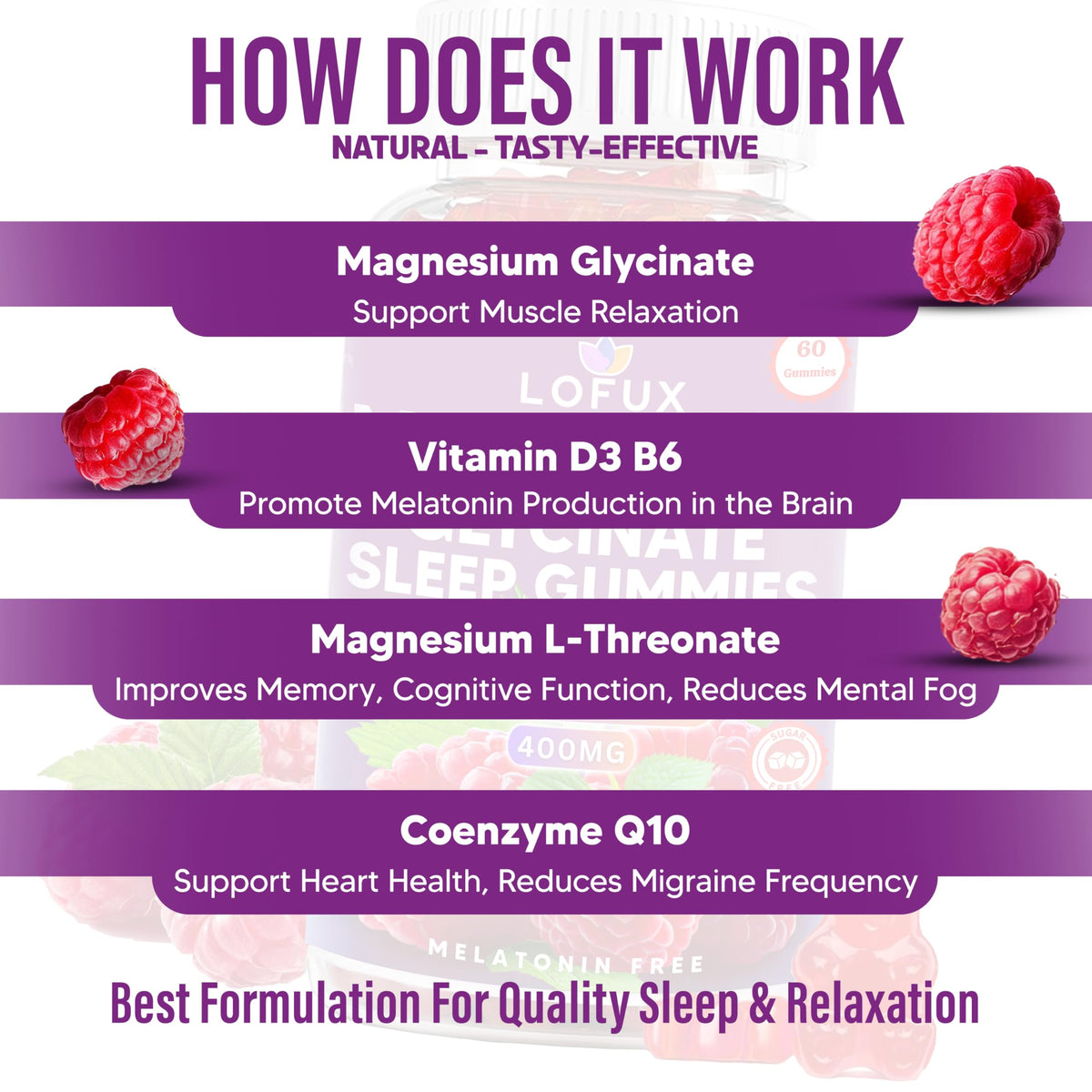 Gummies de magnésium glycinate Lofux 400mg à la framboise