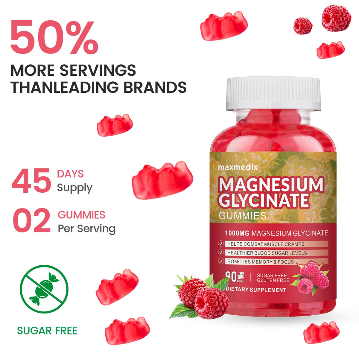 Gummies de magnésium glycinate Maxmedix sur un fond neutre