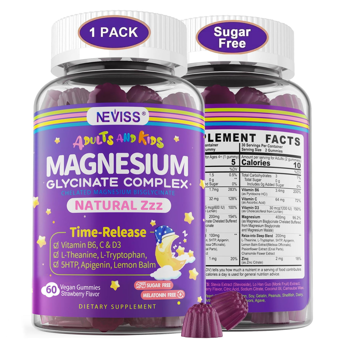 Gummies de magnésium glycinate NEVISS en paquet de 1, vue de face