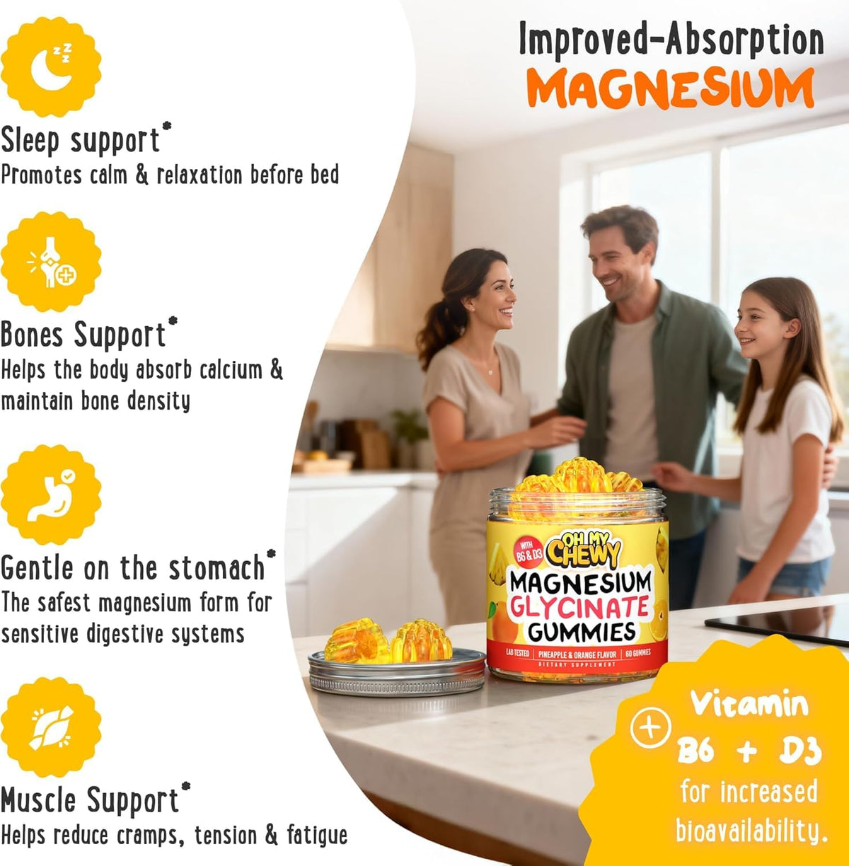 Gummies de Magnésium Glycinate OH MY CHEWY sur une table avec fruits