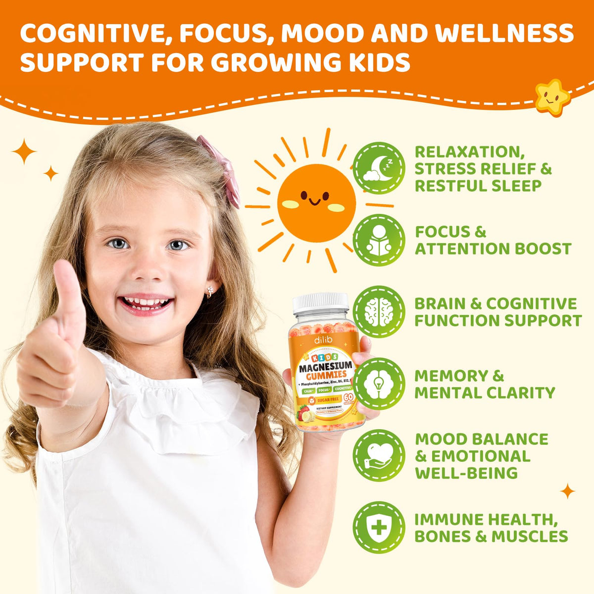 Gummies de magnésium glycinate pour enfants dilib, saveur fraise et banane