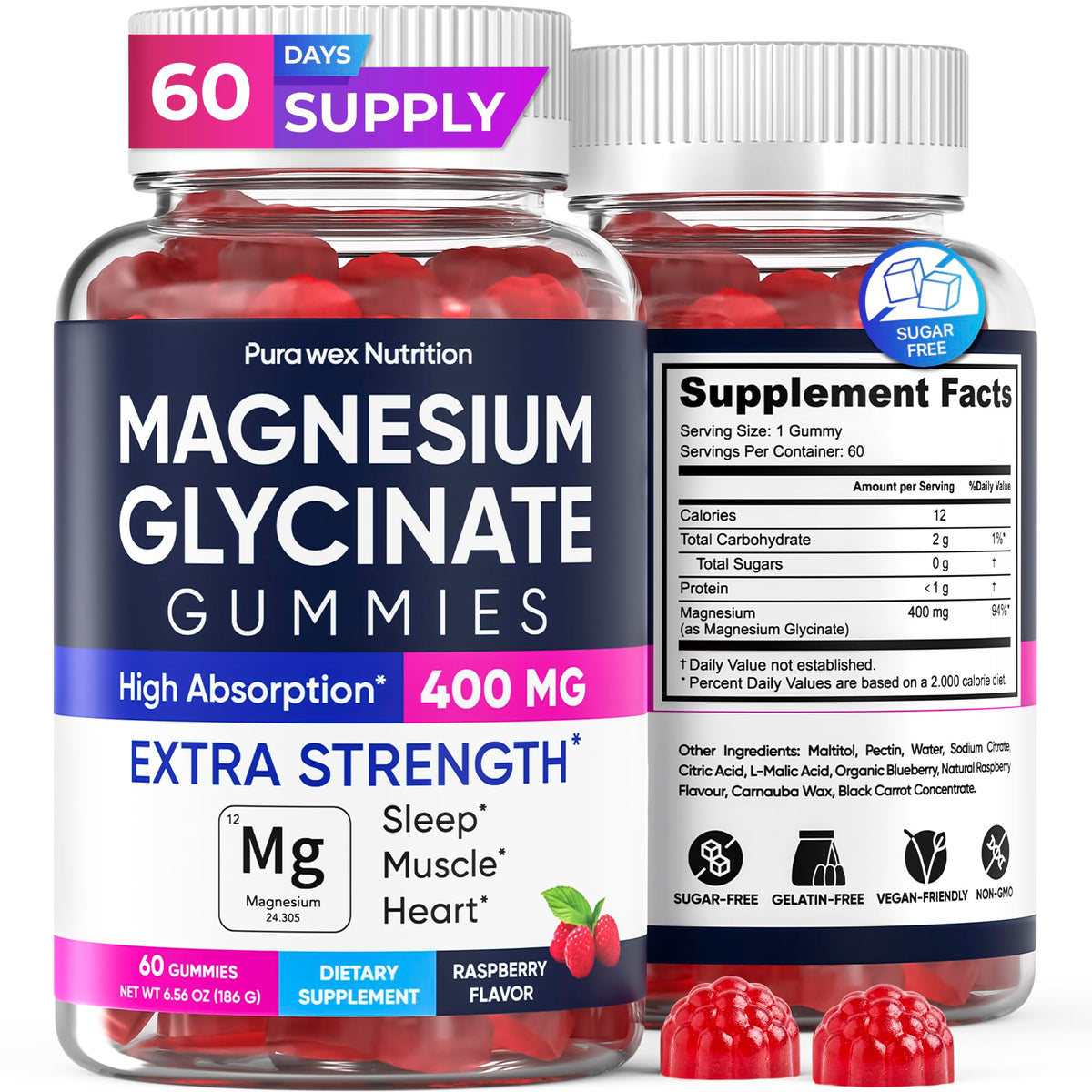 Gummies de magnésium glycinate PURA WEX NUTRITION en pot, vue de face