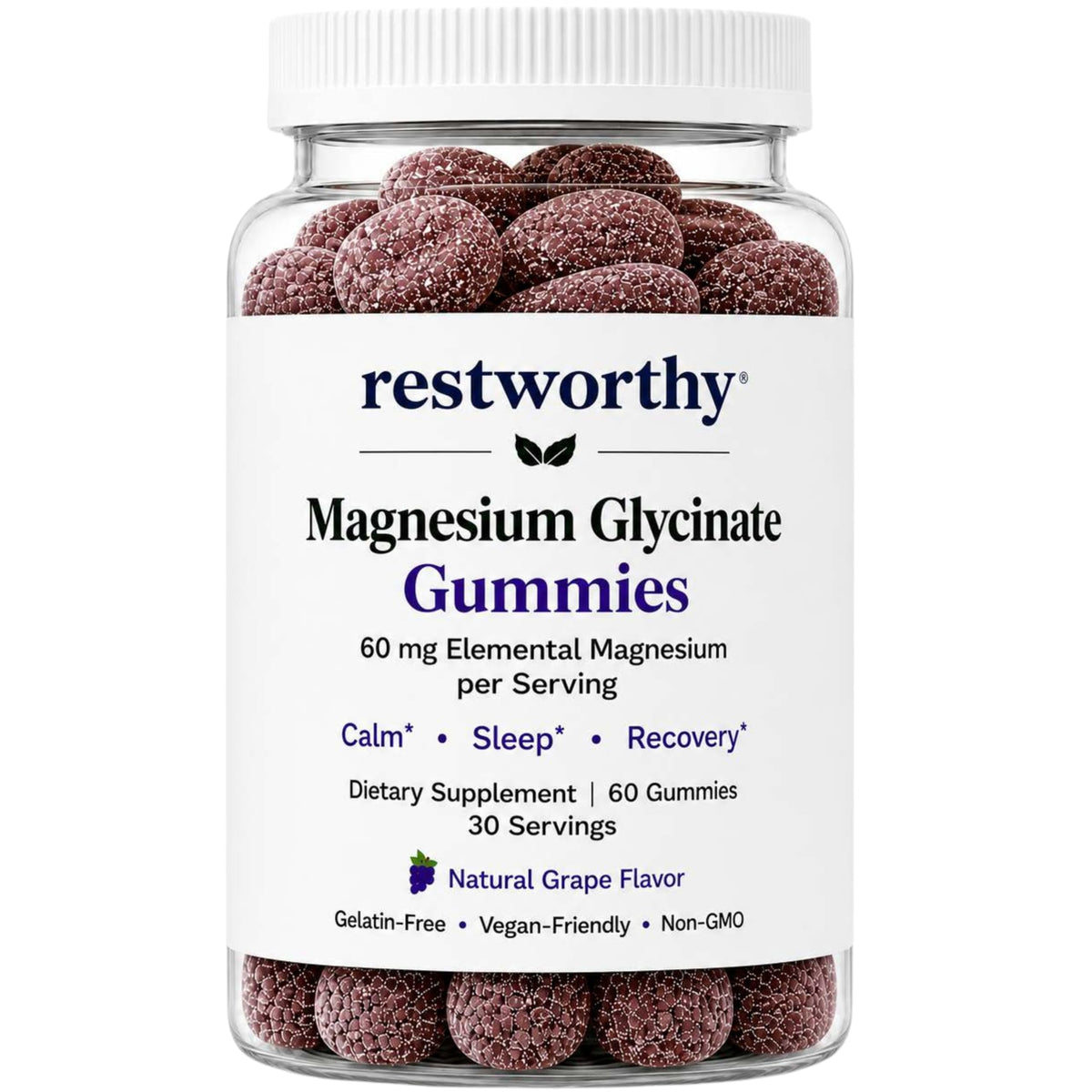 Gummies de magnésium glycinate Restworthy, pot de 60 pièces, saveur raisin