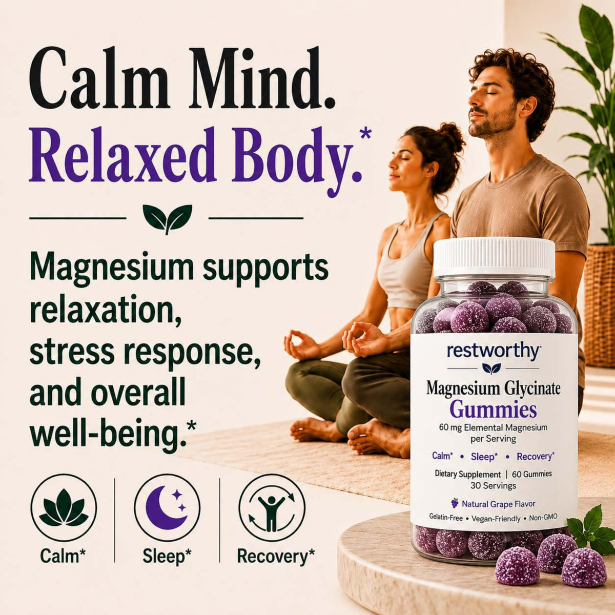 Gummies de magnésium glycinate Restworthy, pot ouvert avec gummies visibles