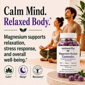 Gummies de magnésium glycinate Restworthy, pot ouvert avec gummies visibles