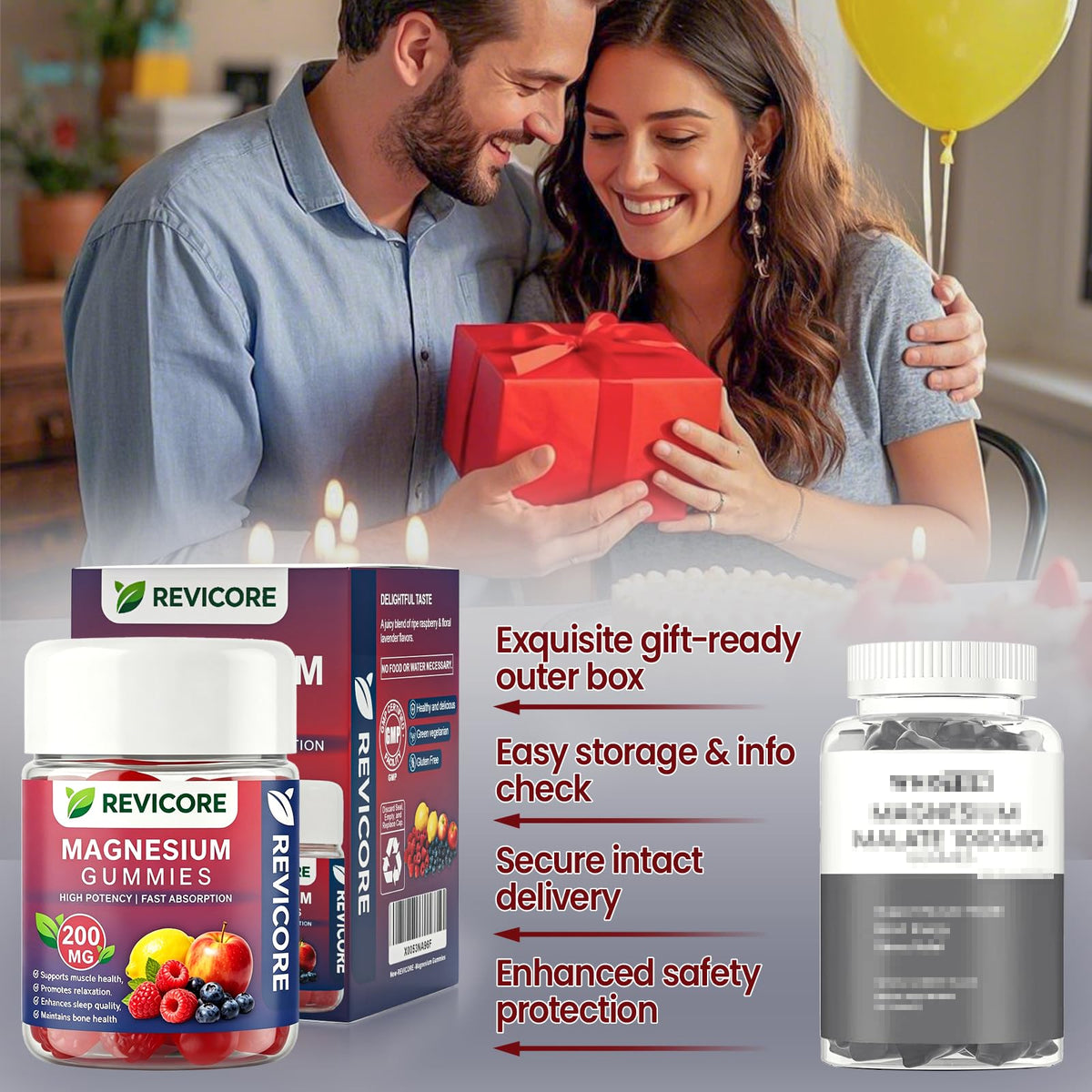 Gummies de magnésium glycinate REVICORE sur fond blanc