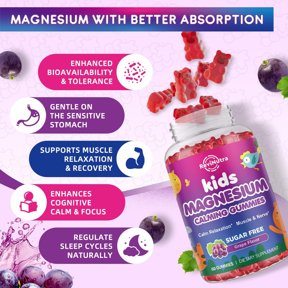 Gummies de magnésium glycinate ReviNutra avec une cuillère pour dosage
