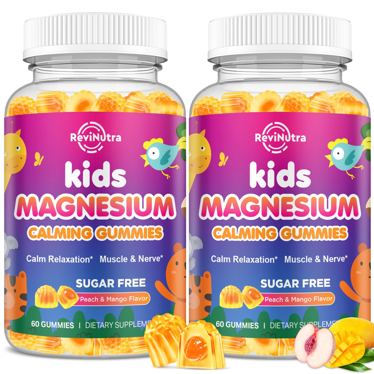 Gummies de magnésium glycinate ReviNutra en emballage avec saveur pêche et mangue