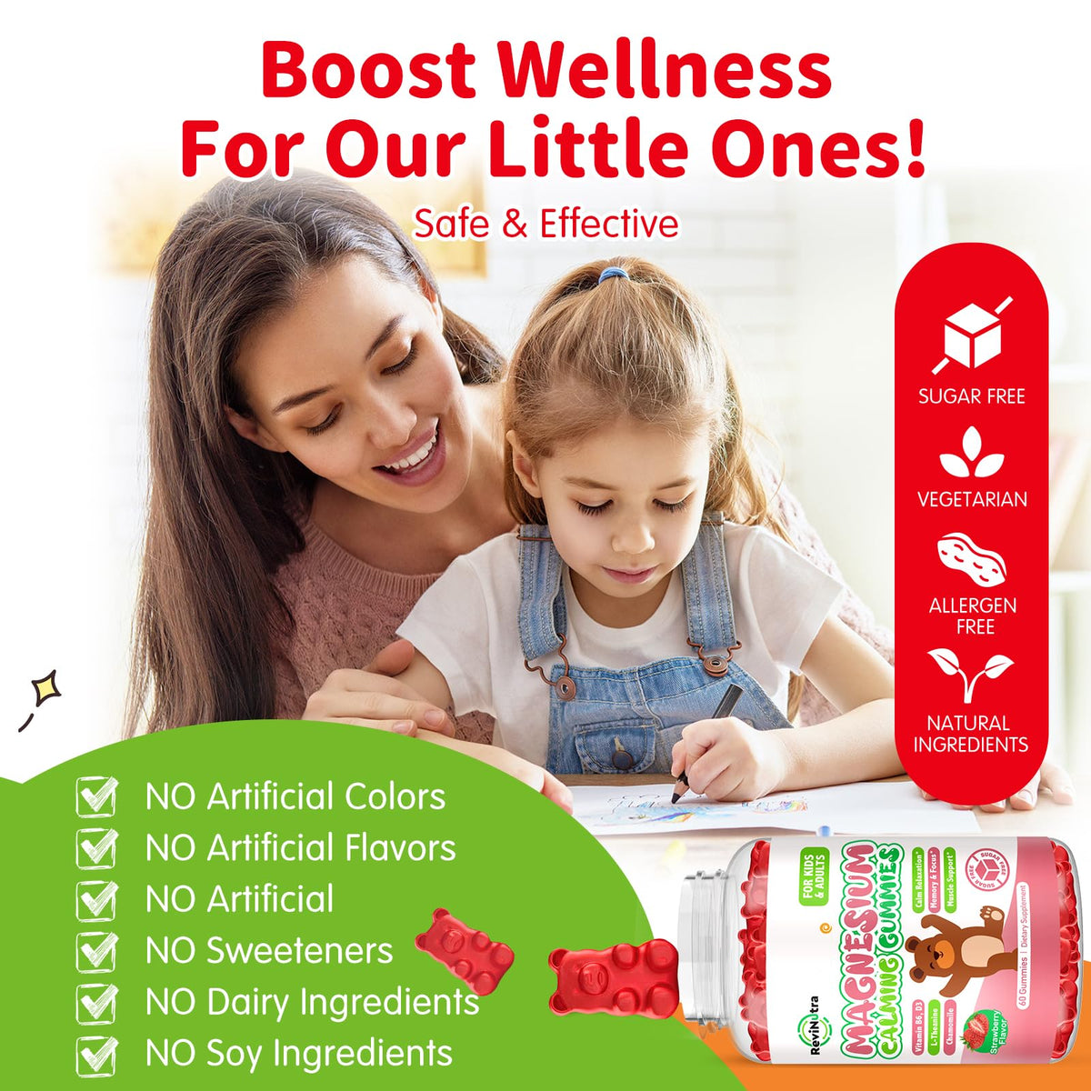 Gummies de magnésium glycinate ReviNutra sur une table avec des fruits