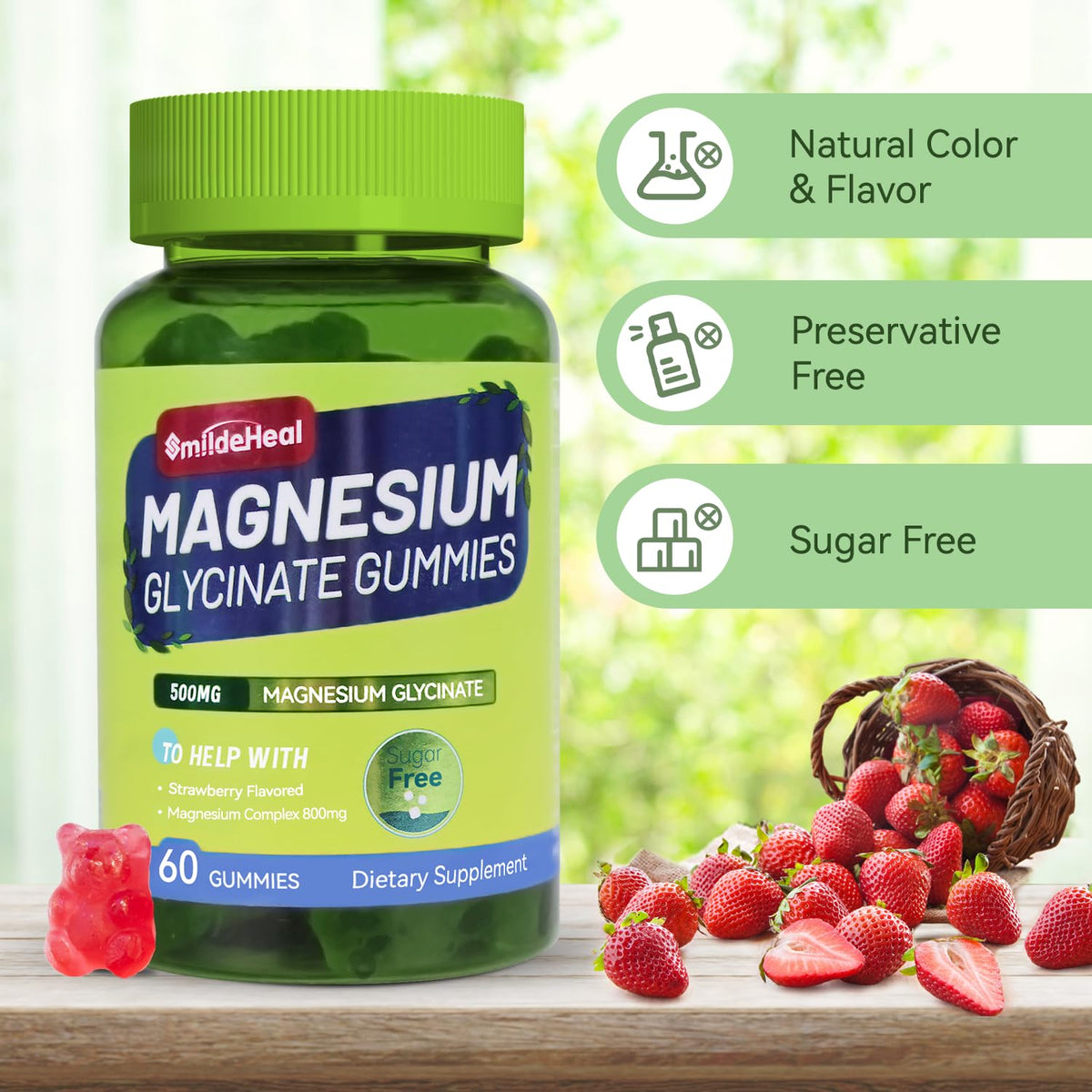 Gummies de magnésium glycinate SmildeHeal avec une fraise à côté