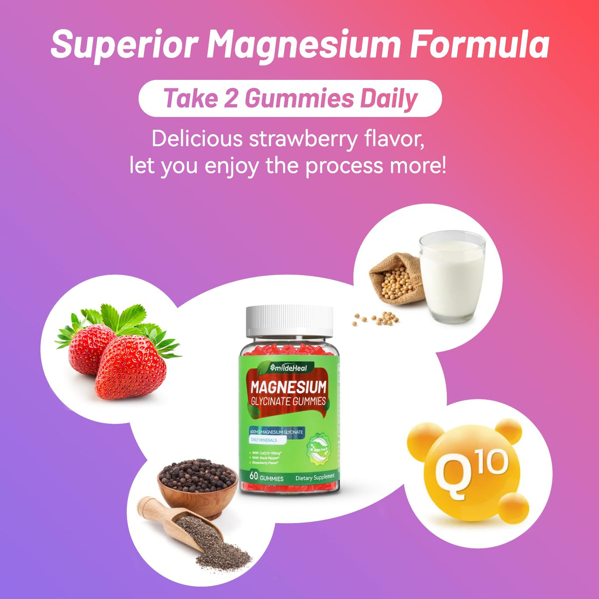 Gummies de magnésium glycinate SmildeHeal sur fond blanc
