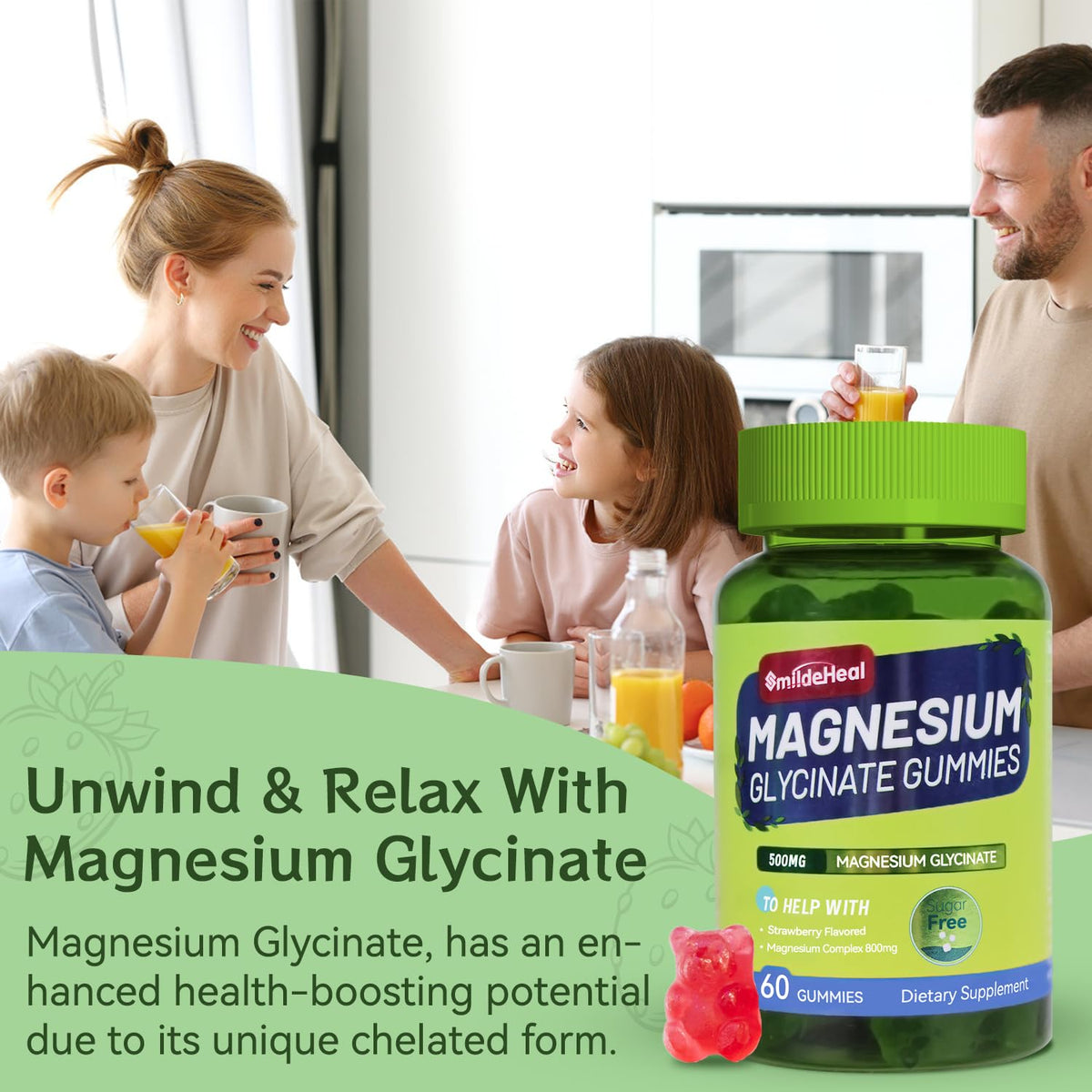 Gummies de magnésium glycinate SmildeHeal sur une table