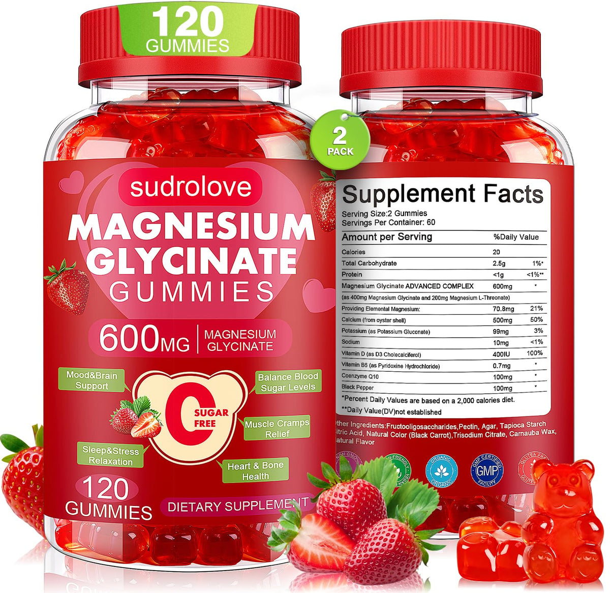 Gummies de magnésium glycinate sudrolove 600mg 120 pièces, vue de face