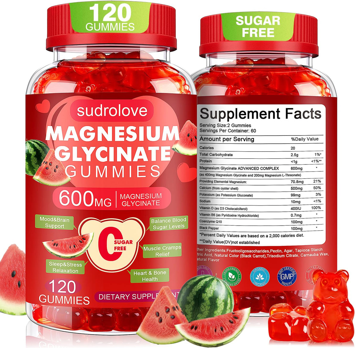 Gummies de magnésium glycinate sudrolove 600mg, 120 unités, vue avant