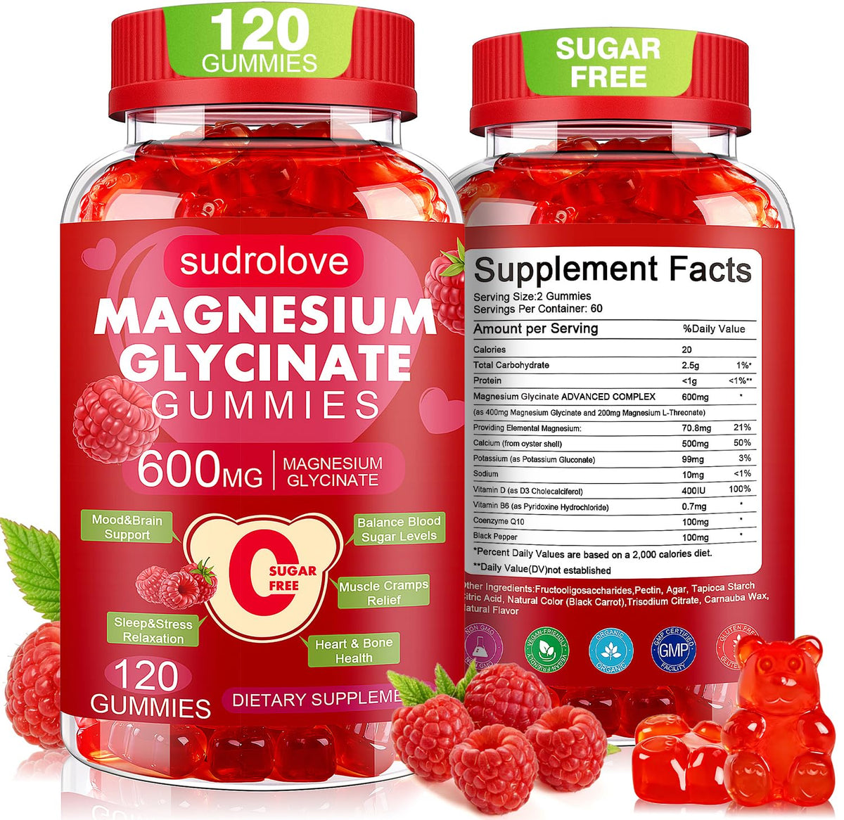 Gummies de magnésium glycinate sudrolove 600mg 120 unités, vue de face