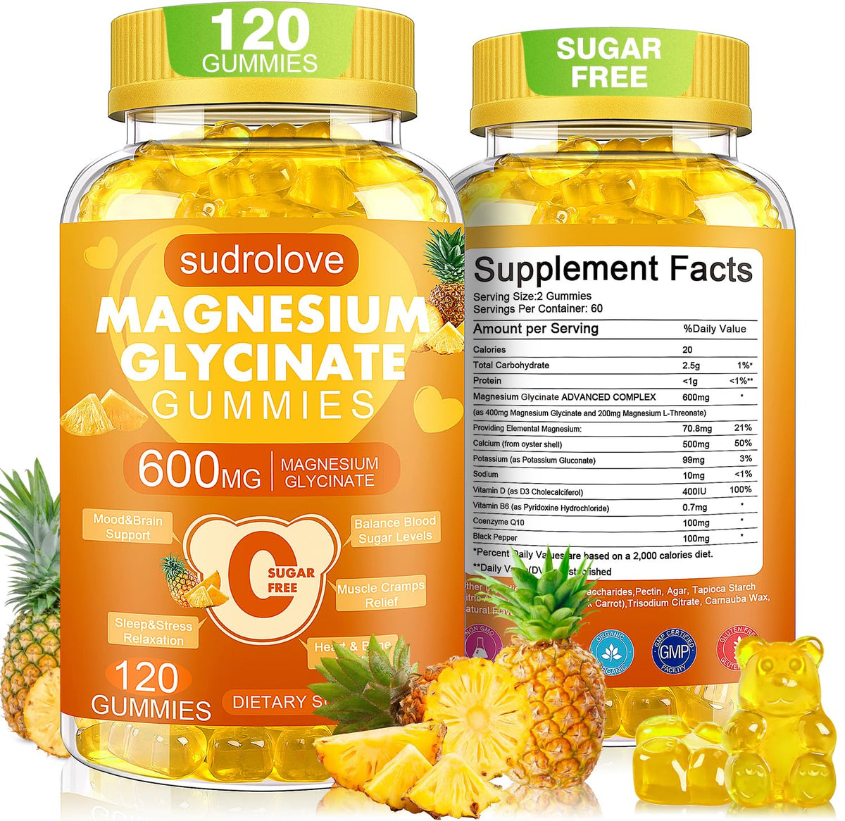 Gummies de magnésium glycinate sudrolove 600mg 120 unités vue de face
