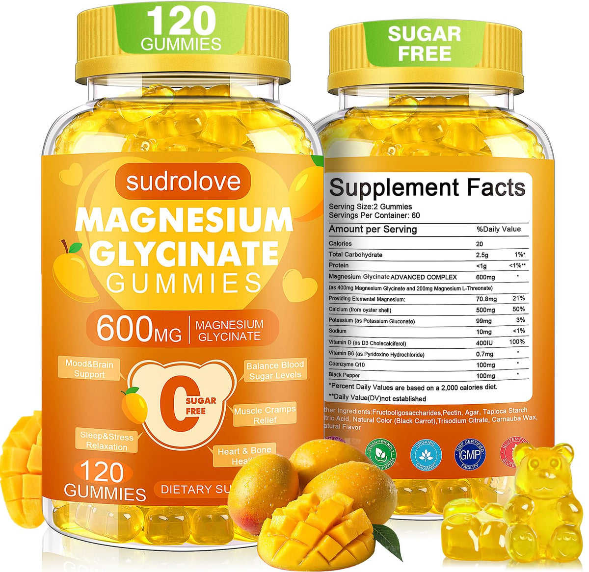 Gummies de magnésium glycinate sudrolove 600mg, boîte de 120 unités