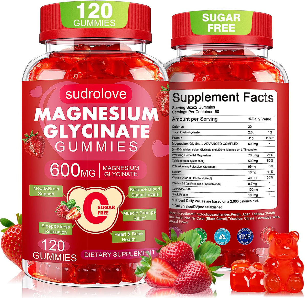 Gummies de magnésium glycinate sudrolove 600mg, vue de face