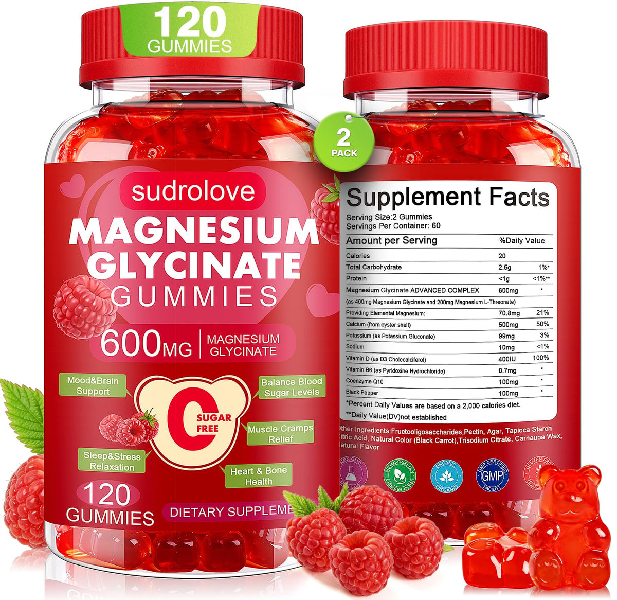 Gummies de magnésium glycinate sudrolove 600mg, vue de face