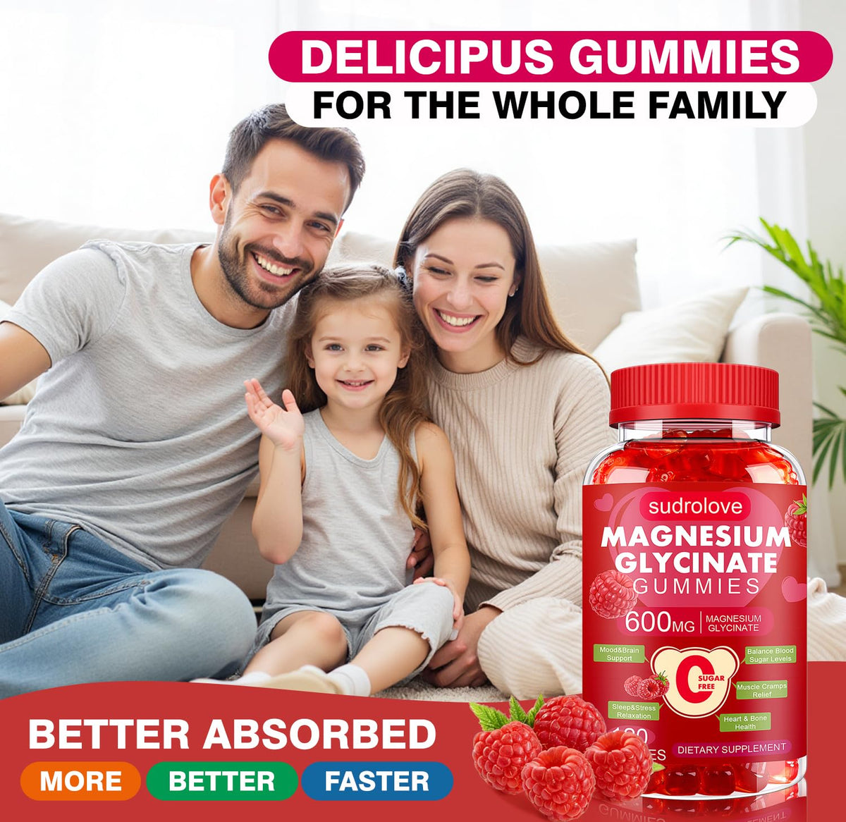 Gummies de magnésium glycinate sudrolove à côté d'un verre d'eau