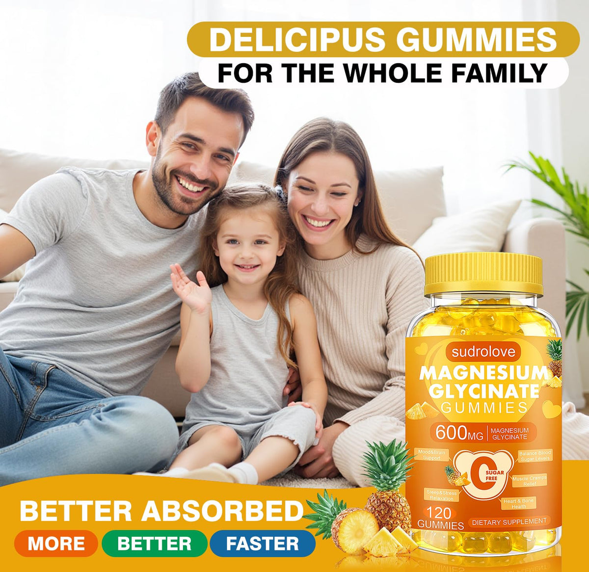 Gummies de magnésium glycinate sudrolove avec ingrédients visibles