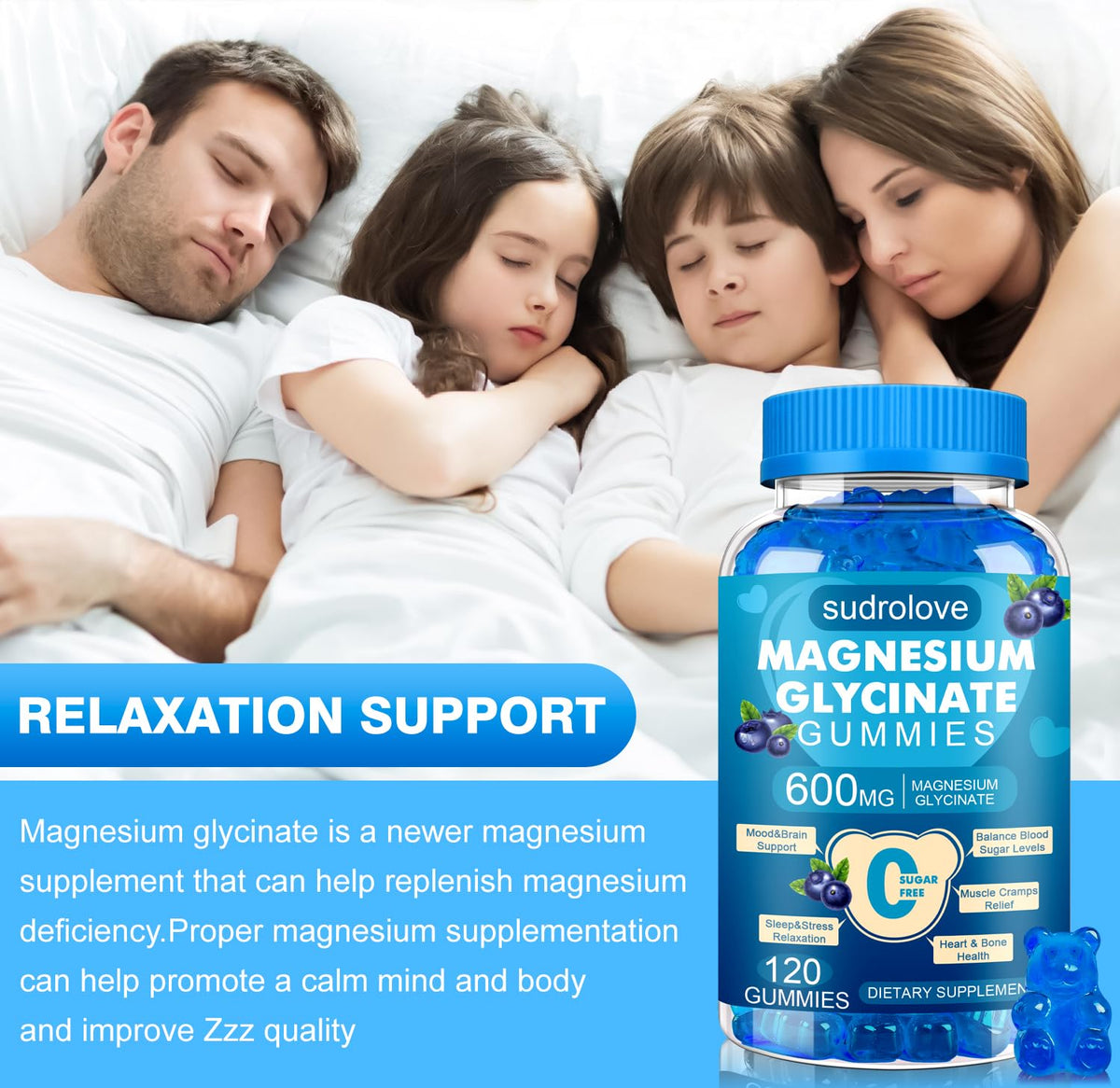 Gummies de magnésium glycinate sudrolove, ingrédients sur l'emballage