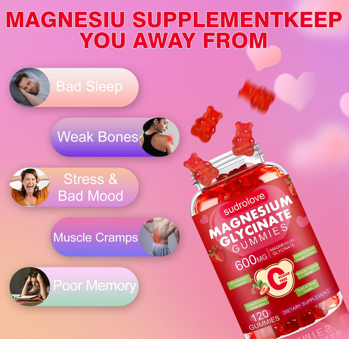 Gummies de magnésium glycinate sudrolove, portion recommandée de 1-2 gummies